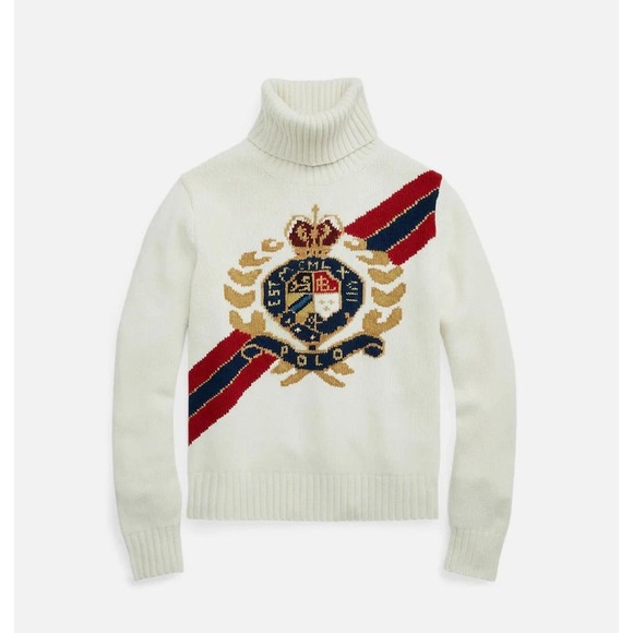 Polo Ralph Lauren Crest Turtleneck Sweater XXL Women Cream Wool Intarsia Logo - Picture 2 of 8